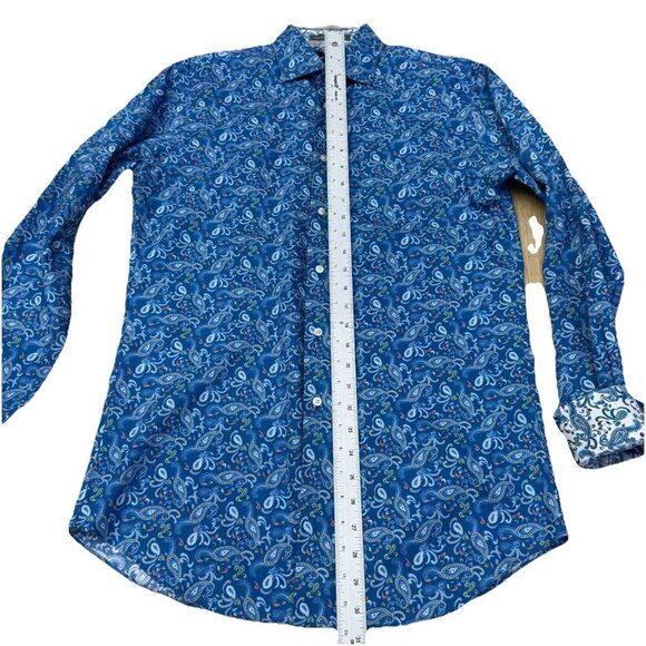 Paul Fredrick Slim Fit Paisley Dress Shirt 15 Blue Flip Cuff Long Sleeve Button - Picture 7 of 10